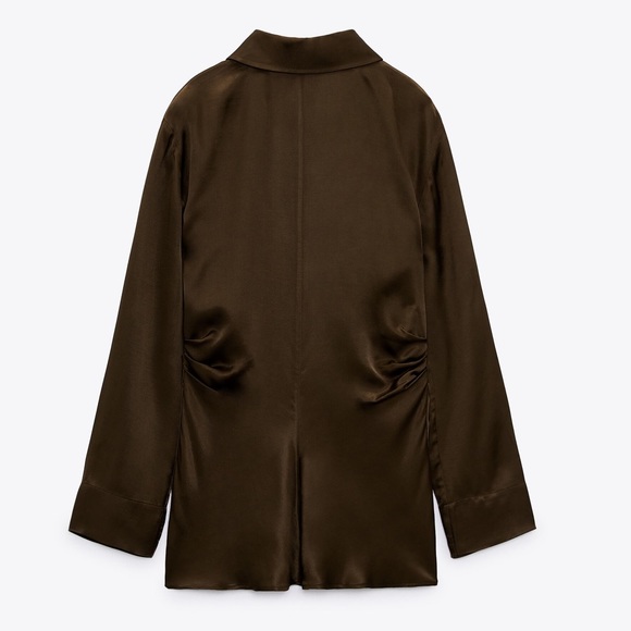 Zara satin Brown ruched side long sleeve button front collared blouse shirt - Picture 5 of 14